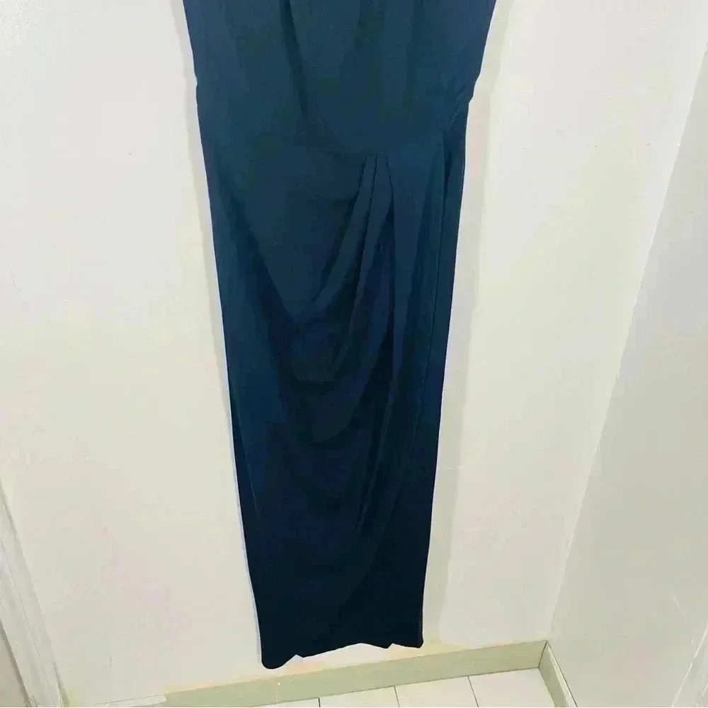 NWT Shona Joy High Neck Ruched Draped Maxi Dress Navy Blue